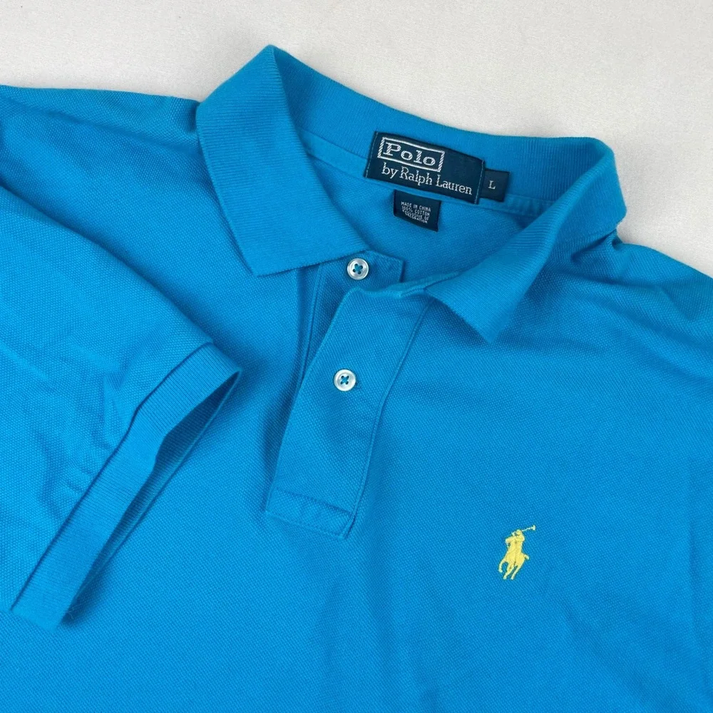 Polo Ralph Lauren Mens Blue Cotton Pique Short Sleeve Polo Shirt Yellow Pony L
